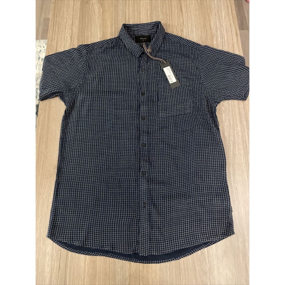 Rollas Beach Boy Shirt Micro Check – Navy Size Medium Style 16374 Short Sleeve